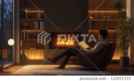 A man sits comfortably in an armchair, reading a book beside a glowing fireplace in a contemporary living room. Warm lights and a plant create an inviting atmosphere for relaxation. 123055335