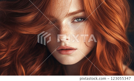 A young woman with stunning red hair showcases her natural beauty and confidence, standing against a dark background. Her freckles complement her expressive eyes, creating a captivating portrait. 123055347