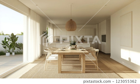 A spacious dining area showcases a wooden table set for a meal. Sunlight floods through large windows, highlighting the minimalist design and neutral colors. Potted plants add a touch of freshness. 123055362