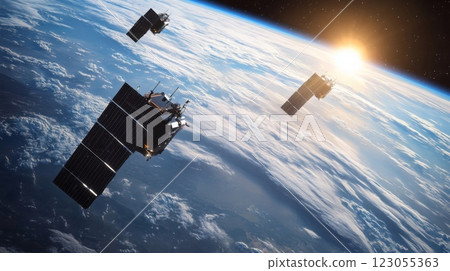 Three satellites are orbiting Earth during dawn, with the sun rising in the background. The atmosphere is illuminated, showcasing the beauty of space and technology working together. 123055363