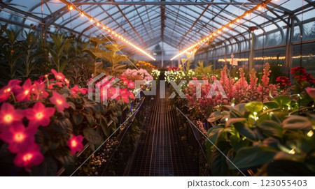 Colorful flowers bloom inside a greenhouse, with soft lights enhancing the beauty of the plants during twilight. 123055403