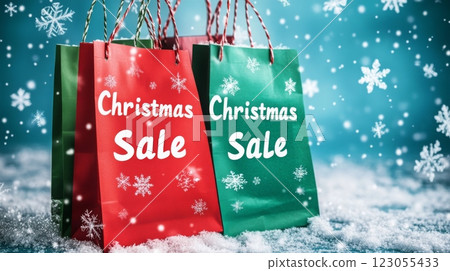 Two colorful shopping bags, one red and one green, feature cheerful Christmas Sale text against a backdrop of snowflakes and a snowy surface, capturing the spirit of holiday shopping. 123055433
