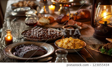 A beautifully arranged table features an array of rich foods, including meats and side dishes, surrounded by warm candlelight. 123055434