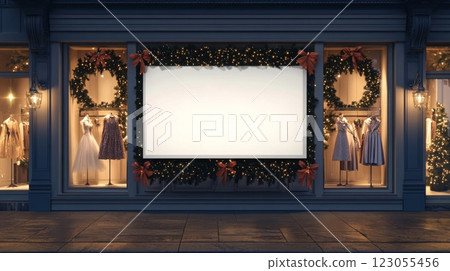 A retail shop showcases an inviting holiday window display adorned with wreaths, lights, and elegant dresses. The festive decorations create a warm atmosphere, enticing shoppers to explore inside. A retail shop showcases an inviting holiday window display adorned with wreaths, lights, and elegant dresses. The festive decorations create a warm atmosphere, enticing shoppers to explore inside. 123055456