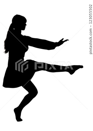 A beautiful silhouette of a woman gracefully dancing on a white background 123055502