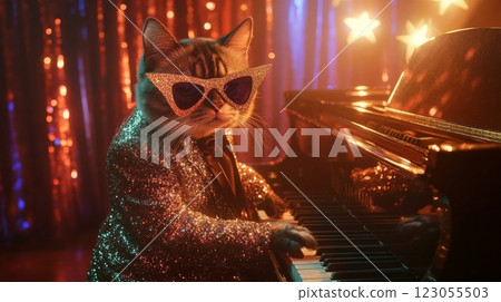 A cat wearing glittering glasses and a shiny suit performs at a piano surrounded by colorful lights. The setting exudes a festive atmosphere, highlighting the cat's musical talent and charisma. 123055503