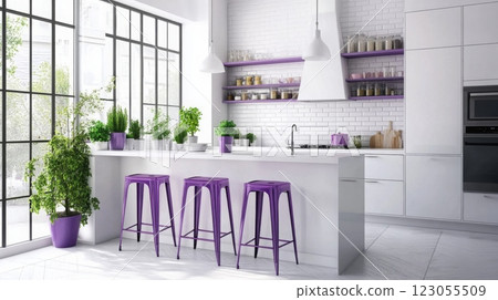 This modern kitchen features sleek white cabinetry and countertops, complemented by purple bar stools and potted plants 123055509