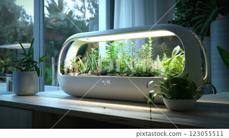 A white, oval-shaped indoor garden with a grow light sits on a wooden table, surrounded by other plants in pots. 123055511