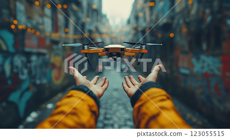 As dusk falls in a colorful alleyway, an individual prepares to launch a drone from their hands, surrounded by striking graffiti and warm lights. 123055515