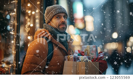 A man carrying wrapped gifts stands outside a festive shop while snowflakes fall gently around him. The city streets are alive with colorful lights, capturing the spirit of the holiday season. A man carrying wrapped gifts stands outside a festive shop while snowflakes fall gently around him. The city streets are alive with colorful lights, capturing the spirit of the holiday season. 123055569