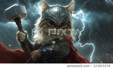 A brave feline wears a warrior helmet and cloak while holding a large hammer, surrounded by dark clouds and flashes of lightning. The atmosphere conveys a sense of epic adventure and bravery. 123055576