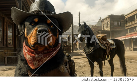 A Rottweiler dressed in a cowboy hat and bandana stands confidently in a rustic western town, with a horse tied up in the background beneath a clear sky 123055579