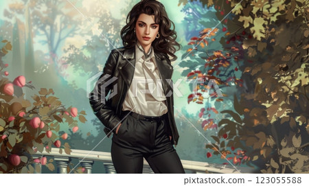A young woman stands confidently in a leather jacket and white shirt, surrounded by vibrant foliage in a peaceful garden setting with gentle sunlight filtering through the trees. 123055588