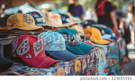 Various stylish hats arranged on a table at an outdoor market, attracting visitors with vibrant patterns and colors. 123055592
