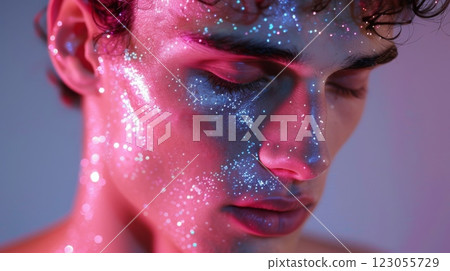 A close-up portrait of a man with glitter makeup on his face. The light reflects off the glitter, creating a shimmering effect. 123055729