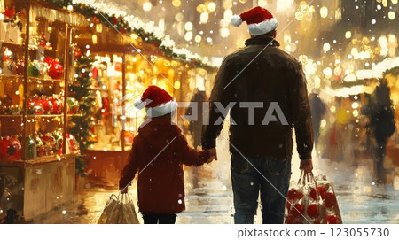 A father and child walk hand in hand through a charming holiday market, surrounded by twinkling lights and festive decorations. They are bundled up against the cold, carrying bags full of gifts. 123055730