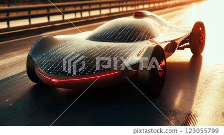 A sleek solar-powered car with a glossy finish accelerates along a highway as the sun sets, casting a warm glow over the innovative vehicle. 123055799