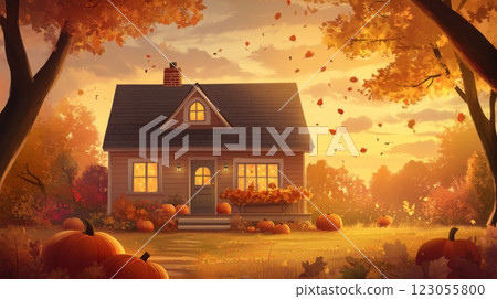 A single-story house with a brown roof and windows with warm light shining from inside is nestled among trees with autumn foliage. Leaves fall from the branches and scatter across the grassy lawn. 123055800