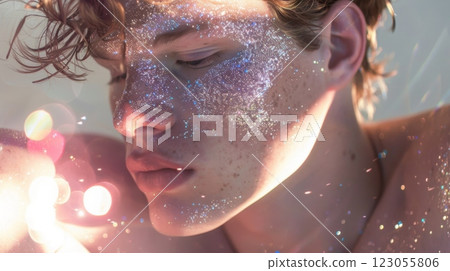 A close-up portrait of a young man with glitter on his face, looking out of frame. 123055806