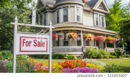 A charming historic house stands for sale, surrounded by colorful flowers and lush greenery. The inviting porch features hanging plants, creating a picturesque scene that attracts potential buyers. 123055807