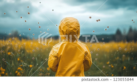 A young child stands with their back to the viewer, wearing a cheerful yellow raincoat while surrounded by a vibrant meadow of blooming flowers. The dramatic sky overhead hints at a spring rain. 123055844