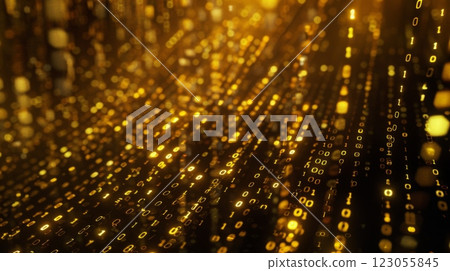 Golden binary code flows in a stream of light, forming a digital curtain. 123055845