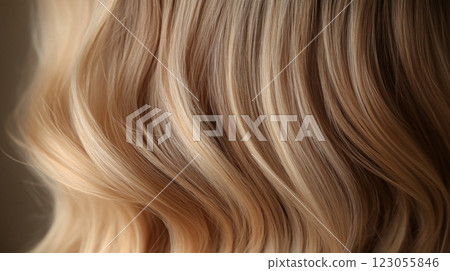 Wavy blonde hair cascades with natural highlights, illuminated by soft light creating a warm, textured appearance. 123055846