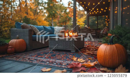 An inviting outdoor patio features a cozy seating area adorned with soft cushions, pumpkins, and flickering candles, surrounded by vibrant fall foliage. 123055879