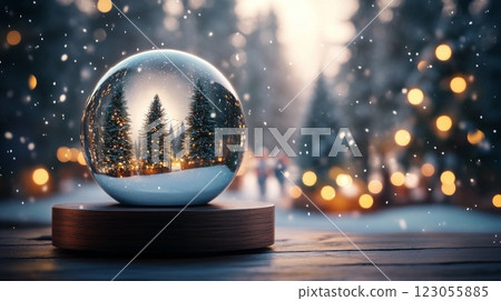 A beautifully crafted snow globe reveals a tranquil winter scene, featuring evergreen trees and softly glowing lights. 123055885