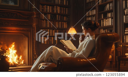 A woman in a soft white robe sits comfortably in a leather chair, engrossed in a book. The warm glow from the fireplace and a lamp creates a relaxing atmosphere in a well-stocked library. 123055894