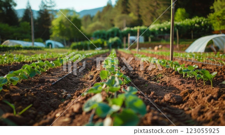 Rows of young, green plants growing in rich, brown soil. The plants are evenly spaced and watered by a black irrigation system. A greenhouse can be seen in the background. 123055925