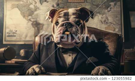 A white and brown bulldog, wearing a black suit with a white shirt and black bow tie sits in a brown leather chair with a leather back 123055982