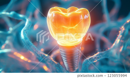 An illuminated dental implant is visible against a blue background, resembling a tooth with a metal screw connecting it to the background. An illuminated dental implant is visible against a blue background, resembling a tooth with a metal screw connecting it to the background. 123055994