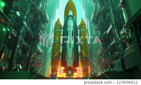 A highly advanced rocket stands poised for launch within a sleek, cutting-edge facility, illuminated by vibrant green lights 123056012