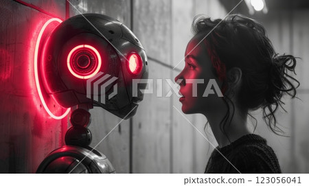 futuristic robot with glowing red eyes 123056041