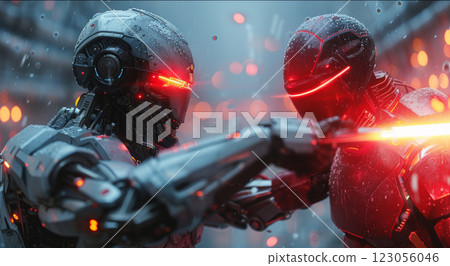 futuristic robot with glowing red eyes 123056046