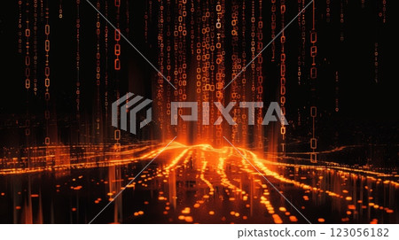 Orange binary code falls like rain over a glowing, digital landscape. 123056182