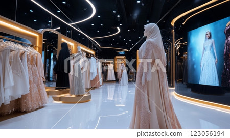 A bridal boutique features a range of exquisite wedding dresses displayed elegantly in a contemporary interior. Shoppers admire the designs amidst soft lighting and reflective surfaces. 123056194