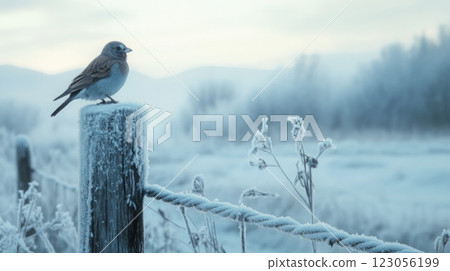 A small bird is resting on a snow-covered fence post surrounded by a serene, frosty landscape. The early morning light casts a soft glow over the icy scenery, creating a tranquil winter atmosphere. 123056199