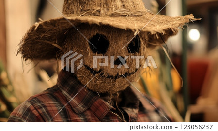 A scarecrow with a straw-filled head and dark eye sockets sits quietly, dressed in flannel. The warm ambiance of autumn decor creates an eerie yet inviting atmosphere, perfect for Halloween. 123056237