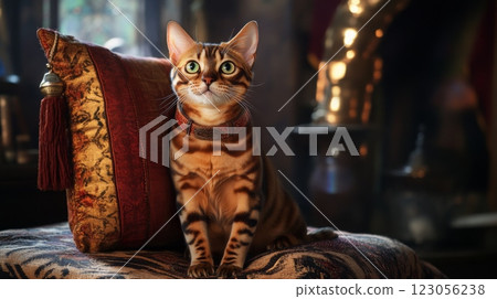 A Bengal cat with striking patterns sits gracefully on an ornate cushion, its bright eyes reflecting curiosity 123056238