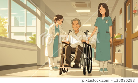 A caregiver assisting an elderly person in a wheelchair at a hospital 123056298