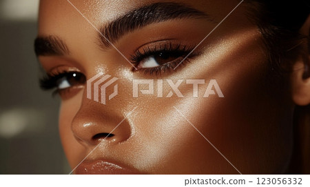A young woman gazes softly, showcasing her radiant skin and well-defined features illuminated by warm sunlight. The play of light accentuates her striking eyes and elegant brows. 123056332