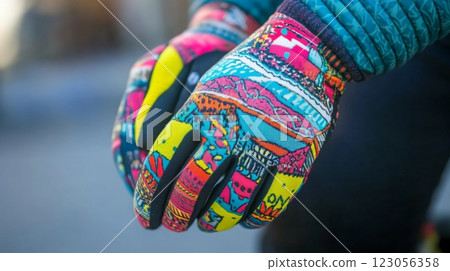 A pair of vibrant, patterned gloves grips a small colorful ball while a person stands amidst a lively urban landscape, showcasing the intersection of sports and creative fashion. A pair of vibrant, patterned gloves grips a small colorful ball while a person stands amidst a lively urban landscape, showcasing the intersection of sports and creative fashion. 123056358