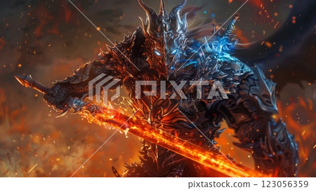 A fierce, armored knight with a flaming sword stands in a fiery, chaotic landscape. 123056359