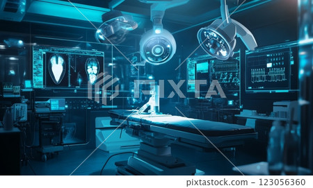 A state-of-the-art surgical operating room features advanced lighting and diagnostic monitors A state-of-the-art surgical operating room features advanced lighting and diagnostic monitors 123056360