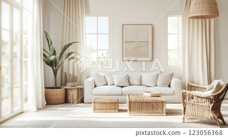 A cozy living room features a comfortable white sofa adorned with soft cushions. Natural light floods through large windows, enhancing the serene atmosphere created by woven furniture and greenery. A cozy living room features a comfortable white sofa adorned with soft cushions. Natural light floods through large windows, enhancing the serene atmosphere created by woven furniture and greenery. 123056368