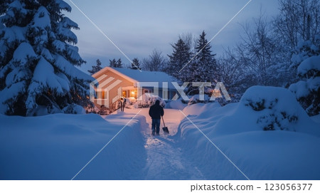 Two individuals clear a snowy path leading to a warmly lit home at twilight. Fluffy snow blankets trees and the ground, creating a serene winter atmosphere in a quiet neighborhood. 123056377