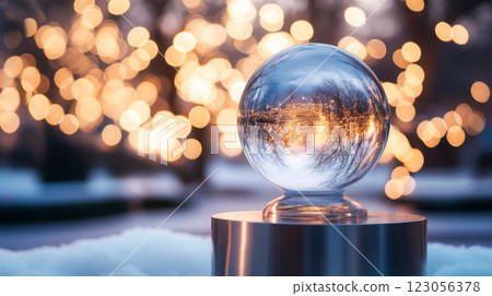 A crystal ball sits on a pedestal, beautifully reflecting a frosty landscape and surrounded by enchanting, warm bokeh lights that create a magical atmosphere during the twilight hours of winter. A crystal ball sits on a pedestal, beautifully reflecting a frosty landscape and surrounded by enchanting, warm bokeh lights that create a magical atmosphere during the twilight hours of winter. 123056378