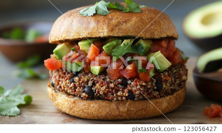 A delicious quinoa and black bean burger topped with fresh avocado and vibrant tomato salsa, served on a whole grain bun. 123056427